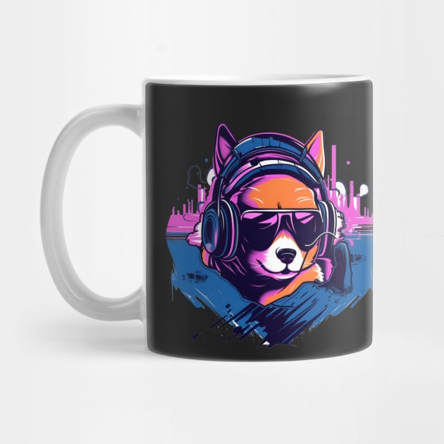 Shiba Inu wears headphones - synth wave style by ro83land